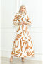 Patterned Belted Linen Dress 0471A-08 Beige Taba - 4