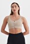 Sports Bustier Zipper Detailed Crop Top Beige