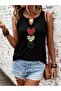 Women's Heart Printed Half V-Neck Sleeveless Regular Fit Casual T-Shirt