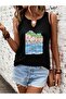 Women's Black Printed Half V-Neck Sleeveless Regular Fit Casual T-Shirt
