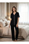 New Season Black Summer Full Buttoned Design Piping Detailed Short Sleeve 100% Cotton Pajama Set - 2