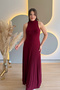 Elegant Burgundy Dress with High Collar and Pleated Draping - 3