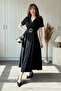 Tencel Fabric Gold Belt Detailed Midi Black Dress - 3