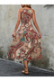 Women's Sleeveless Halter Neck Elastic Waist Digital Print Single Jersey Long Dress - 3