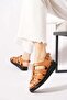 Lugrese Three-Stripe Pleated Genuine Leather Women's Sandals Tan Skin