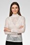 Women Mock Neck Long Sleeve Textured Lace Blouse, White - 3