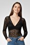 Women Lace Detail Long Sleeve Bodysuit, Black