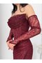 Burgundy Lace Embroidered Midi Evening Dress with Stone Detail - 6
