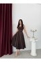 Brown Square Neck Strap Belted Satin Midi Evening Dress - 4