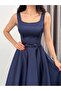 Navy Blue Square Neck Strap Belted Satin Midi Evening Dress - 3
