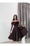 Brown Off-Shoulder Lace Detailed Midi Evening Dress - 2