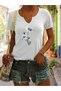 Women's Feather Printed Half V-Neck Sleeves Regular Fit Casual T-Shirt