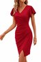 Women's Long Sleeve Ruffled Double-Breasted Collar Side Ruched Imported Crepe Dress - 3