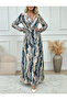 Women's Long Sleeve Double Breasted Collar Waist Belted Patterned Single Jersey Maxi Dress - 4