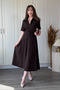 Shirt Collar Belted Adjustable Decolletage Elegant Midi Brown Dress - 4