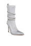 Women Rhinestones Strap Satin Calf Boots in Silver