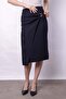 Women's Lightweight Lycra Fabric Double-Breasted Pencil Skirt with Accessories and Side Deep Slits Below the Knee - Navy Blue - 7