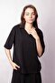 Women's Soft Textured Stretchy Fabric V-Neck Collar Off Shoulder Elbow Length Sleeve Oversize Blouse-Black - 4