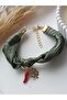 Red Hot Chili Pepper Clover Luck Anklet Khaki Green Fabric Handmade - 5