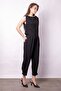 Women's Boat Neck Asymmetrical Pleated Gathered Blouse -Black - 2