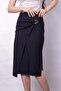 Women's Lightweight Lycra Fabric Double-Breasted Pencil Skirt with Accessories and Side Deep Slits Below the Knee - Navy Blue - 6