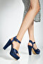 Women's Platform High Heeled Navy Blue Satin Shoes - 2