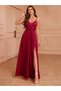 Women's Rope Strap Burgundy Double Breasted Collar Slit Crepe Fabric Long Evening Dress - 2
