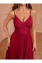 Women's Rope Strap Burgundy Double Breasted Collar Slit Crepe Fabric Long Evening Dress - 5
