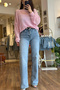 Light Blue Snow Washed Belted Straight Lycra Jeans - 7