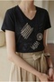 Black 100% Cotton V-Neck T-Shirt with Sequins, Beads and Embroidery - 3