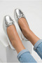 Silver Metallic Snake Textured Orthopedic Lightweight Sole Leather Soft Bow Stylish Women's Ballerinas - 3