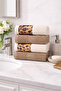 4 Piece Leopard and Striped Border Hand and Face Towel Set 100% Cotton Certified Cream Beige Towel Set - 2