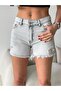 Women's Gray Ripped Detailed Denim Shorts Bermuda