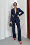 Women's Two-Piece Stylish Gold Belted Padded Shoulders Blazer Jacket Wide-Leg Pants Set