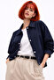 Women's Navy Blue Oversize Seasonal Gabardine Jacket with Snap Detail - 2