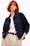 Women's Navy Blue Oversize Seasonal Gabardine Jacket with Snap Detail - 6