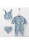 Triangle Patterned Ribbed Cotton Fabric Baby Romper Set with Booties - Blue - 0-3 Months - 2