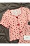 Women's Pink Strawberry Patterned Crop Shorts Pajama Set - 5