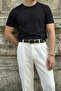 Falun Men's Genuine Black Leather Belt with Iron Silver Detail - 4