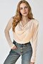 Beige Degaje Collar Padded Transparent Knitted Blouse Alc-X15335