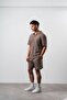 Men's 2Flyy Written Half Zipper Regular Fit T-Shirt Shorts Set Coffee - 2
