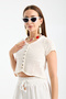 Women's Ecru Buttoned Openwork Knitwear Crop Blouse Summer Short Sleeve Bohemian Knitted Blouse - 4