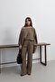 Women's Khaki Collar and Scarf Detailed Blouse and Pants Set