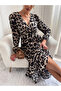    Women's Long Sleeve Double Breasted Collar Leopard Waist Belted - 2