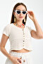 Women's Ecru Buttoned Openwork Knitwear Crop Blouse Summer Short Sleeve Bohemian Knitted Blouse