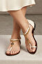 Beige Brown Leather Sole Flip-Flop Women's Sandals with Gold Chain Detail - 2