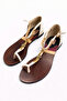 Beige Brown Leather Sole Flip-Flop Women's Sandals with Gold Chain Detail - 3