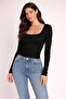 Black Square Neck Long Sleeve Basic Blouse – Stretchy Fabric Casual Stylish Women's Blouse