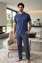 Indigo Blue Short Sleeve Pocket Detailed Elegant Men's Pajama Set - 7