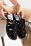 Nora Women's Black Suede Gold Buckle Detailed Daily Comfortable Slippers - 3